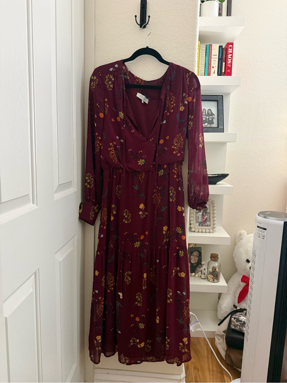 WAYF Women's Burgundy Floral Long Sleeve Midi Dress